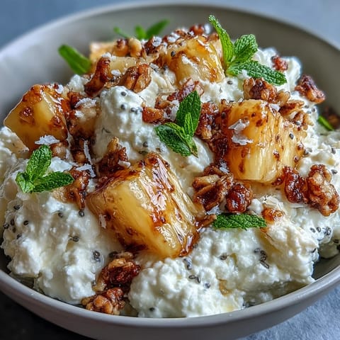 2. Creamy cottage cheese paired with juicy pineapple, golden granola, and shredded coconut creates a refreshing and energizing breakfast bowl.  