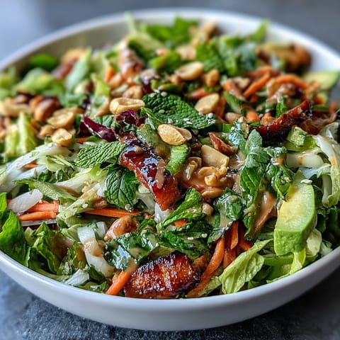 Fresh vegan spring roll salad with peanut dressing, loaded with colorful veggies and herbs.  