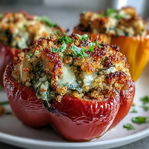 Roasted bell peppers filled with a rich cashew-based spinach and artichoke blend, topped with golden breadcrumbs.  