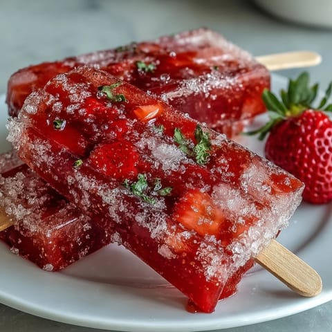 Galentines Strawberry Mimosa Popsicles in popsicle molds with fresh strawberry slices and sparkling wine bubbles.