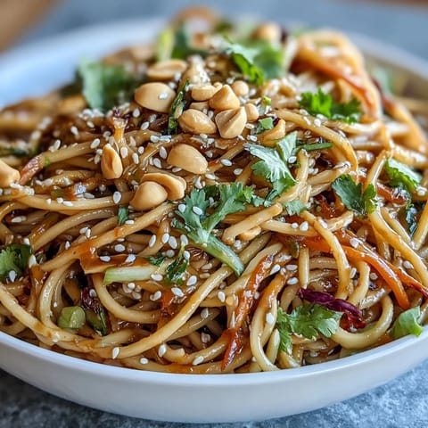Vibrant Asian sesame noodle salad with crisp vegetables and creamy peanut dressing, perfect for a light lunch or refreshing dinner.  