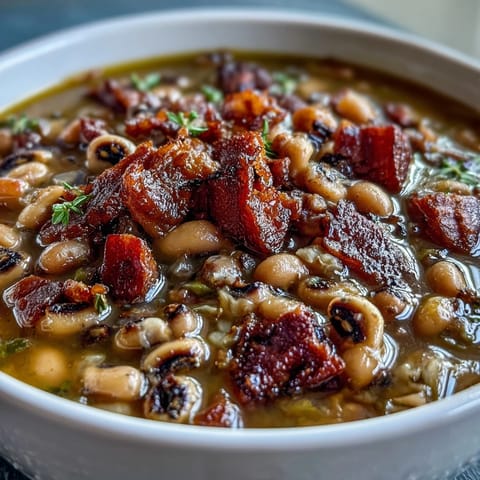 Hearty ham and black-eyed pea soup with smoky ham, tender peas, and fresh vegetables in a savory broth.  