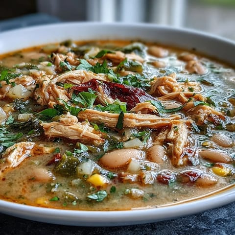 A steaming bowl of white bean chicken chili topped with fresh cilantro and avocado slices, perfect for a cozy weeknight dinner.  