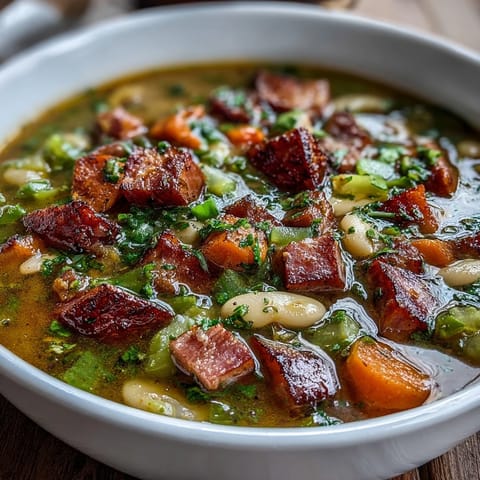 Creamy lima beans and smoky ham combine in a rustic soup topped with fresh parsley and served steaming hot.  