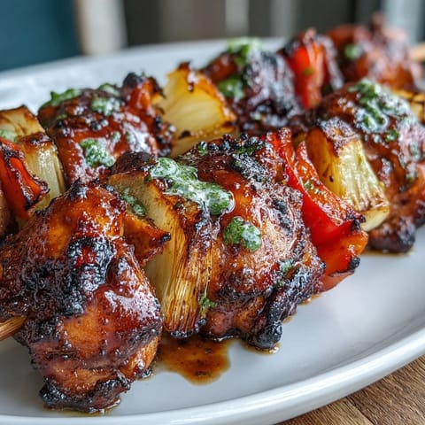 Jerk chicken skewers with juicy marinated chicken, pineapple chunks, and colorful peppers sizzling on the grill, bursting with Caribbean spice.