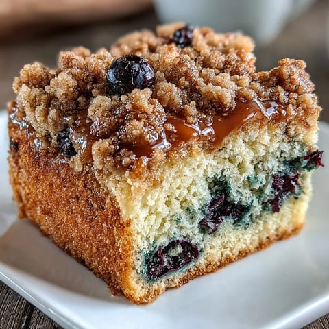 Golden Lemon Blueberry Sourdough Coffee Cake Squares with a crumbly streusel topping, showcasing bursts of juicy blueberries and bright lemon zest.