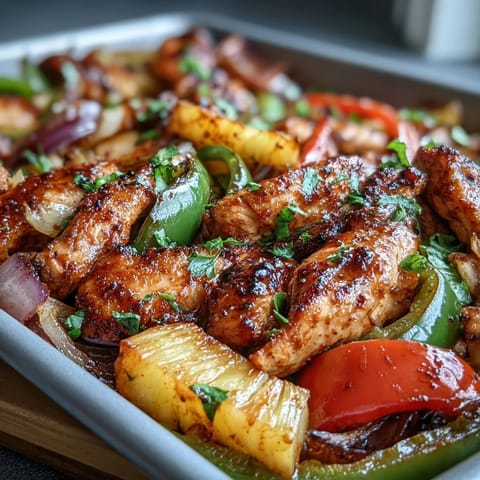 Vibrant chicken pineapple sheet pan fajitas with colorful bell peppers and red onion, roasted until tender and caramelized.