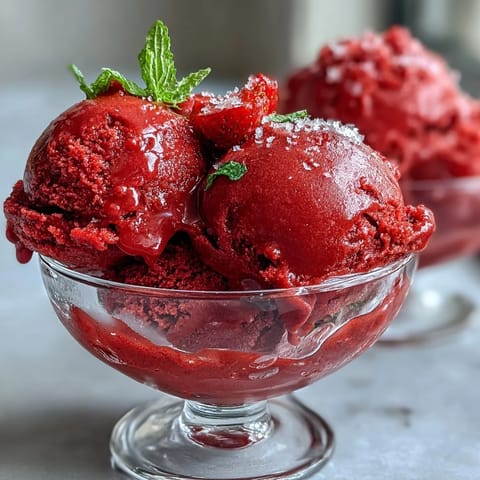 Vibrant strawberry daiquiri sorbet with lime zest and rum, served in chilled glasses for a refreshing dessert.