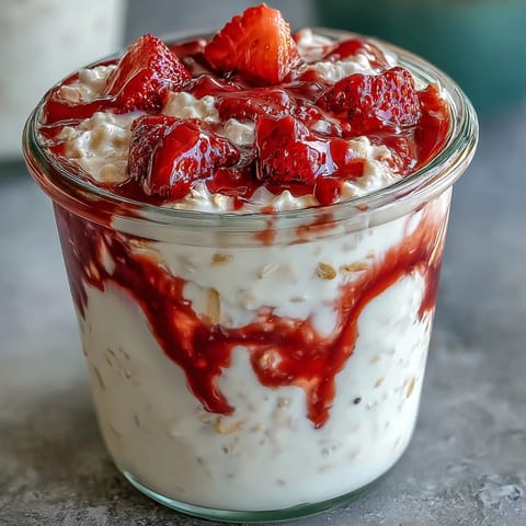 Creamy, airy overnight oats layered with vibrant strawberry swirl and crunchy nuts, served in a clear glass for an appetizing presentation.  