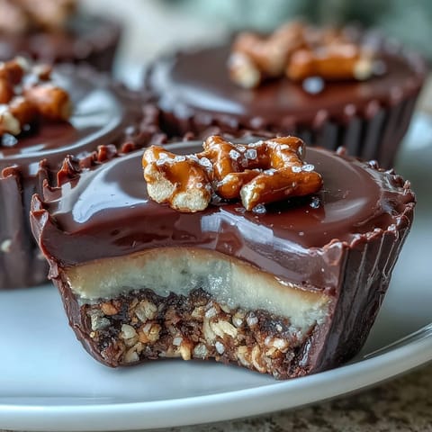 Sweet and salty peanut butter cups featuring a crunchy pretzel layer topped with smooth chocolate and creamy filling.  