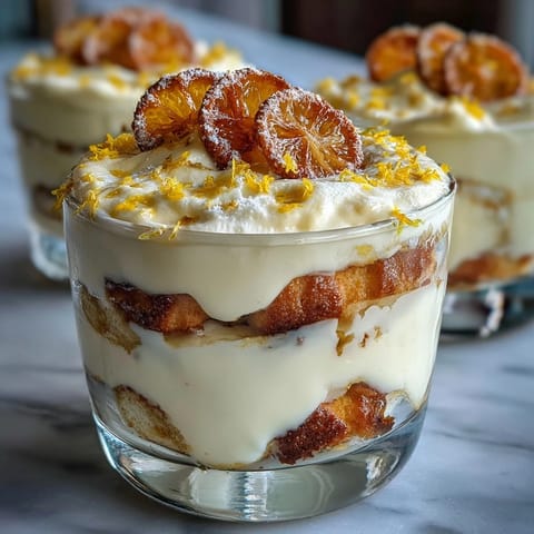 Elegant limoncello tiramisu cups with layers of lemon mascarpone cream and syrup-soaked ladyfingers, topped with fresh citrus zest.