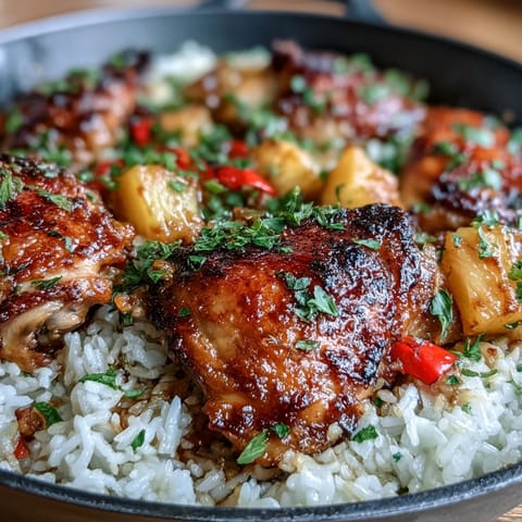A vibrant pineapple chicken and rice bake, featuring golden-brown chicken thighs nestled in fluffy rice and tropical fruit.  