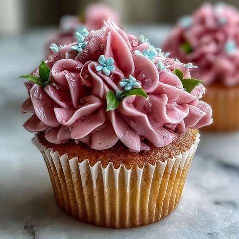 Beautiful vanilla cupcakes with delicate buttercream flowers, perfect for baby showers or spring celebrations.  