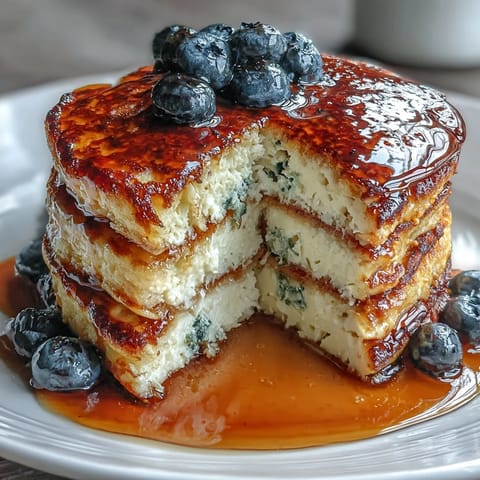 Fluffy cottage cheese protein pancakes topped with juicy blueberries, perfect for a high-protein breakfast or post-workout meal.  