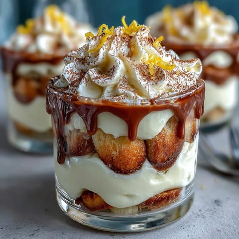 Individual limoncello tiramisu jars with creamy mascarpone, lemon-soaked ladyfingers, and white chocolate shavings, served chilled in glass jars.