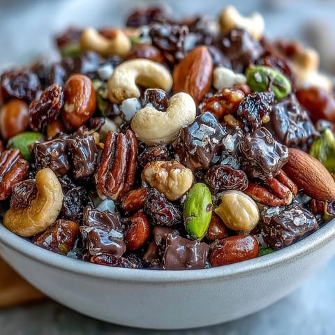 A vibrant homemade trail mix with dark chocolate, almonds, and dried cranberries for a sweet and salty treat.