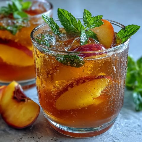 Sparkling Mango Peach Tea with fresh fruit slices and mint, served over ice in a clear glass.