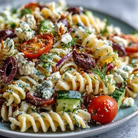 Vibrant Greek-style pasta salad featuring juicy tomatoes, crisp cucumbers, and creamy feta for a refreshing meal.  