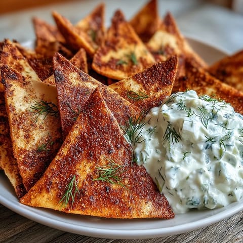 Golden-baked pita chips paired with creamy tzatziki, a refreshing Mediterranean snack with fresh dill and garlic.