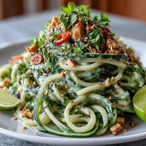 Refreshing vegetarian sesame noodle dish with crisp cucumber, carrots, and a drizzle of tangy sesame dressing.  