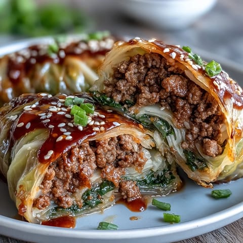 A close-up of homemade Korean cabbage rolls, showcasing the vibrant gochujang-seasoned beef wrapped in soft Napa cabbage leaves.