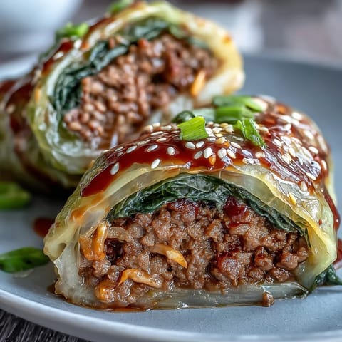 Korean cabbage rolls with spicy ground beef filling, steamed until tender and served with savory dipping sauce.