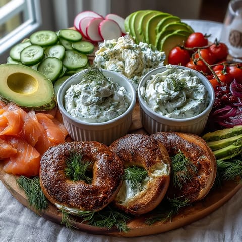 Impressive smoked salmon bagel board, perfect for a festive and delicious U.S. brunch.
