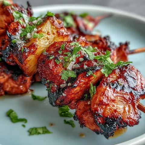 Grilled Chicken Al Pastor Skewers bursting with smoky flavor and sweet pineapple.