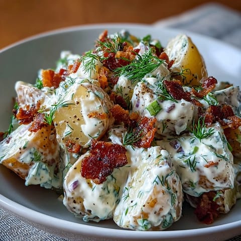 Delicious Memorial Day Potato Salad, showcasing vibrant dill and savory bacon bits.