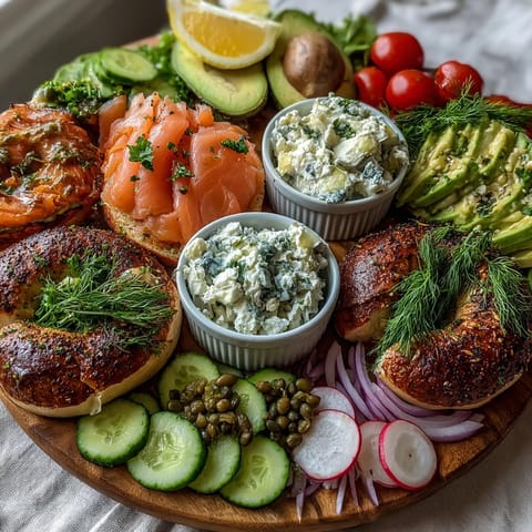 Vibrant Mother's Day Brunch: Smoked Salmon Bagel Board with fresh dill.