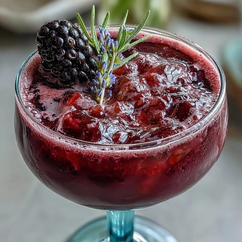 Vibrant blackberry lavender lemonade fizz garnished with fresh fruit and herbs.