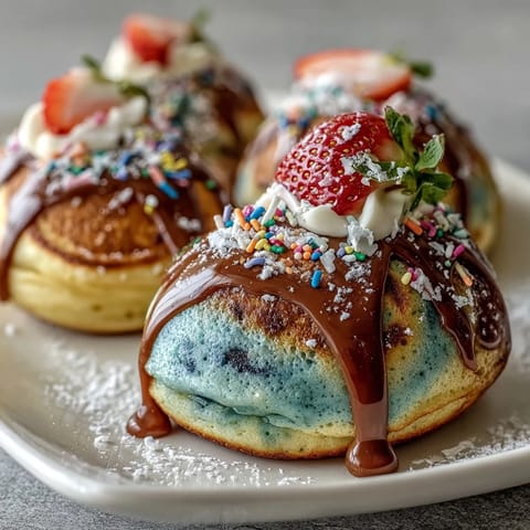 Festive Easter egg pancakes with pastel colors and sweet glaze, decorated with sprinkles and fresh berries for a fun breakfast.  