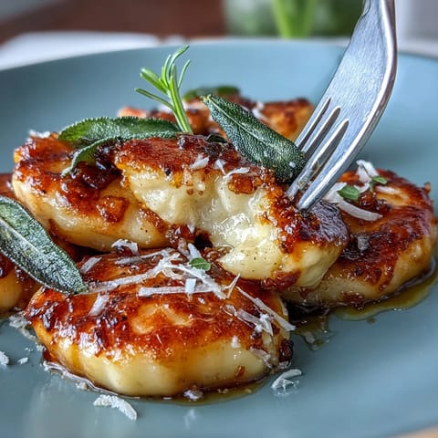 Golden brown butter sage gnocchi in a skillet, with crispy sage leaves and a nutty aroma, perfect for a cozy vegetarian dinner.