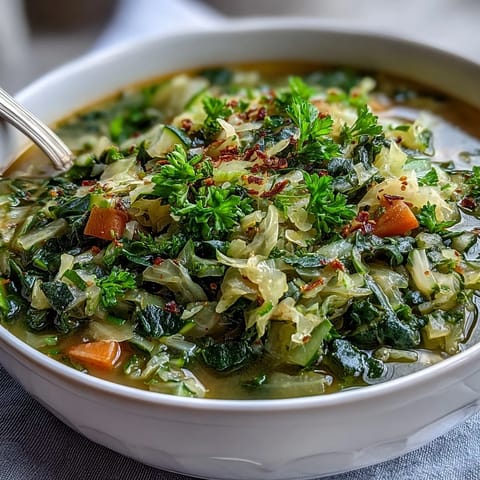 Steaming bowl of Spring Detox Cabbage Soup, bright with turmeric and lemon.