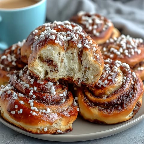 Fluffy, twisted Swedish cardamom buns dusted with crunchy sugar, perfect for coffee.