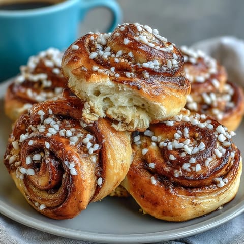 Golden Swedish cardamom buns, glistening with pearl sugar, promise buttery bliss.