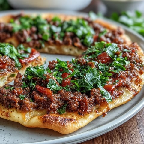 Crispy Turkish Lahmacun Pizza with ground lamb, sumac, and fresh herbs.