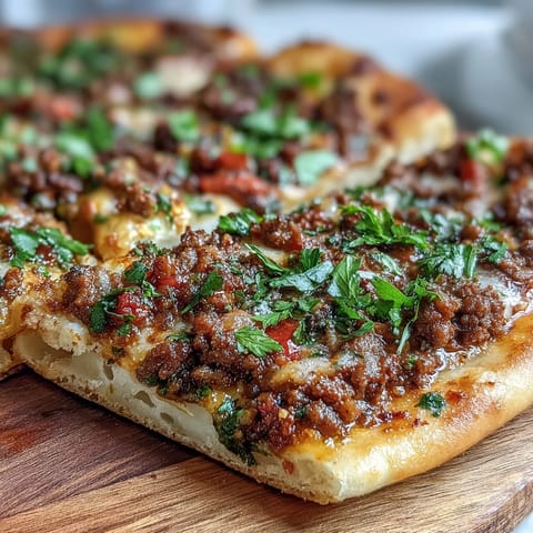 Savory ground lamb Lahmacun Pizza topped with vegetables and a tangy sumac finish.