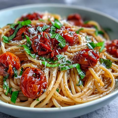 Glossy cherry tomato confit pasta with garlic oil, perfect for a summer meal.
