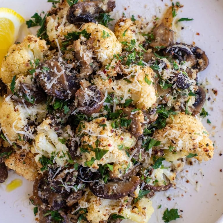 Imagine aromatic Garlic Cauliflower Mushroom Skillet with fresh herbs and light lemon.