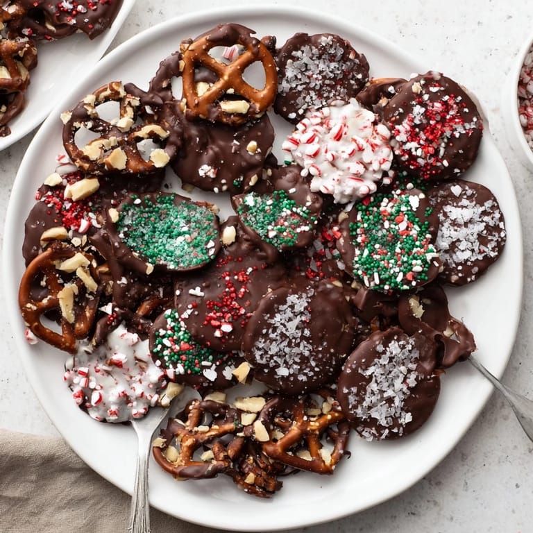 Deliciously sweet and salty holiday snack chocolate pretzel thins topped with crushed peppermint.
