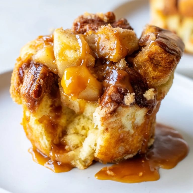 Deliciously soft Caramel Apple Bread Pudding Muffins topped with pecans and gooey caramel.  