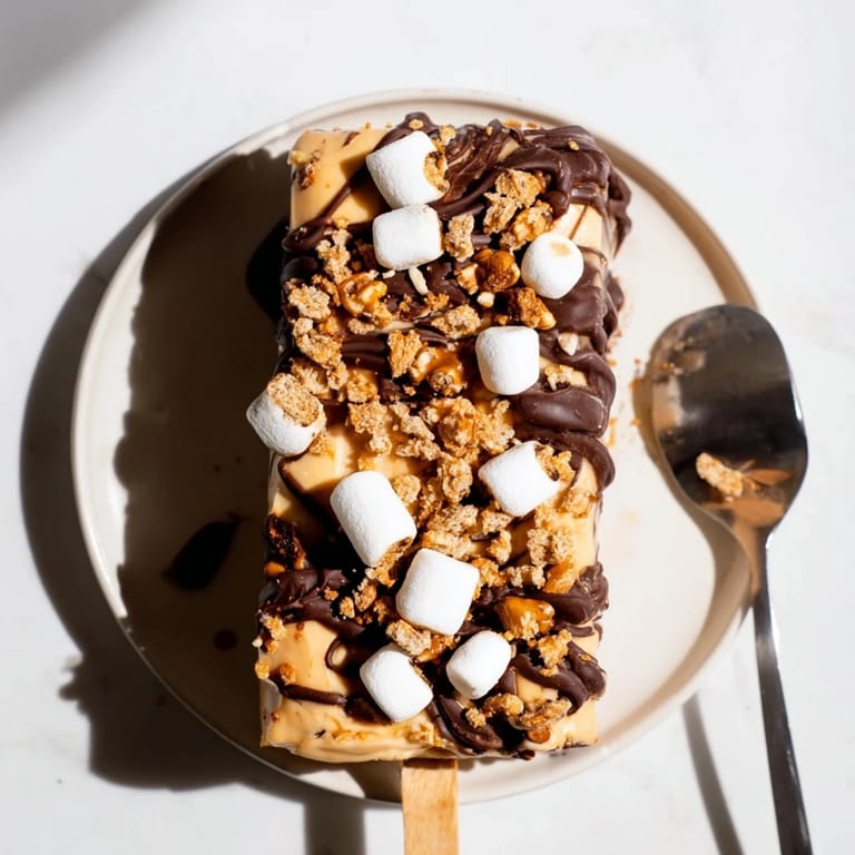 Delightfully sweet pumpkin fudge pops showcasing layers of chocolate, pretzels, and marshmallows.  