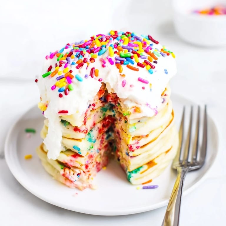 Fluffy Silly Cake Funfetti Pancakes topped with rich cream and vibrant rainbow sprinkles.  