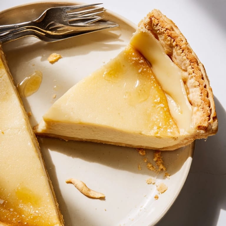 Homemade water pie cooling on the counter, topped with whipped cream and berries.  
