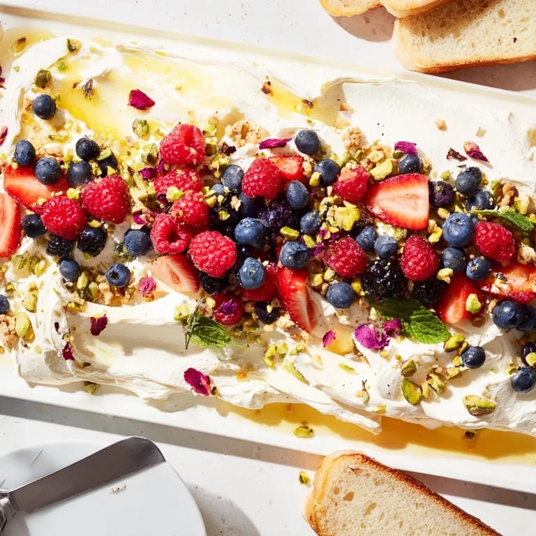 Elegant butter board dessert topped with berries, nuts, and a drizzle of honey.  