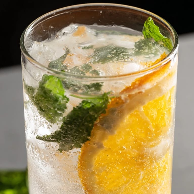 Refreshing probiotic soda mocktail served over ice, bursting with citrusy flavors and fizz.