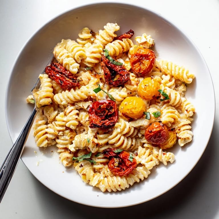 Savory baked feta pasta with rich tomatoes, perfect for a cozy weeknight meal.