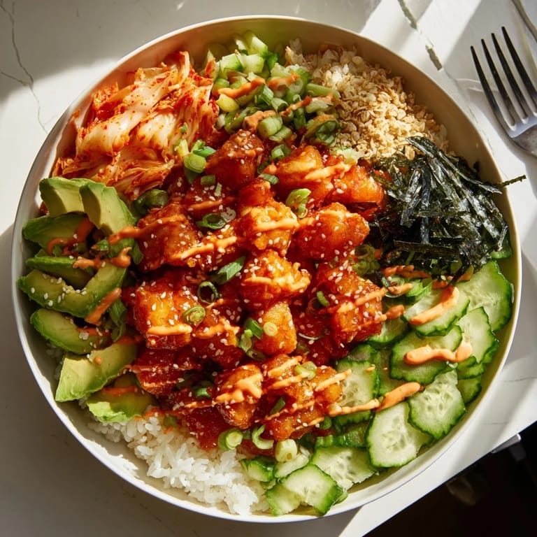 Delicious Crispy Salmon Rice Bowl with garlic, kimchi, and colorful fresh toppings.