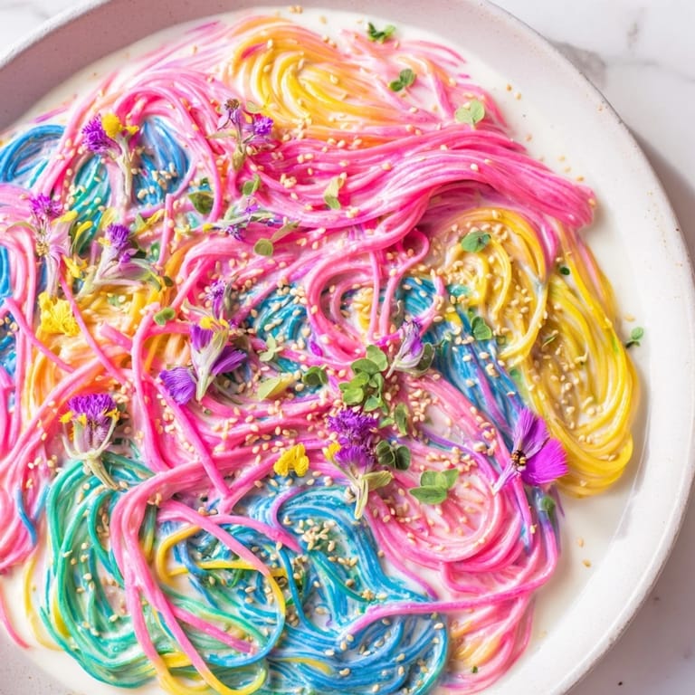 Whimsical Neon Noodle Cloud showcases colorful noodles beneath a luscious creamy cloud.
